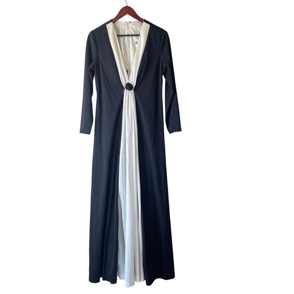 Vintage 60s/70s black and white long sleeve maxi‎ gown rosette detail large